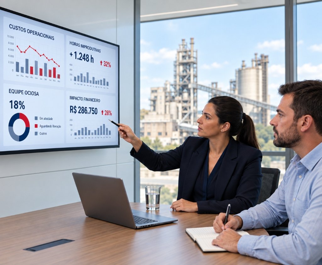Gestores corporativos analisando métricas de custos operacionais e impacto de horas improdutivas